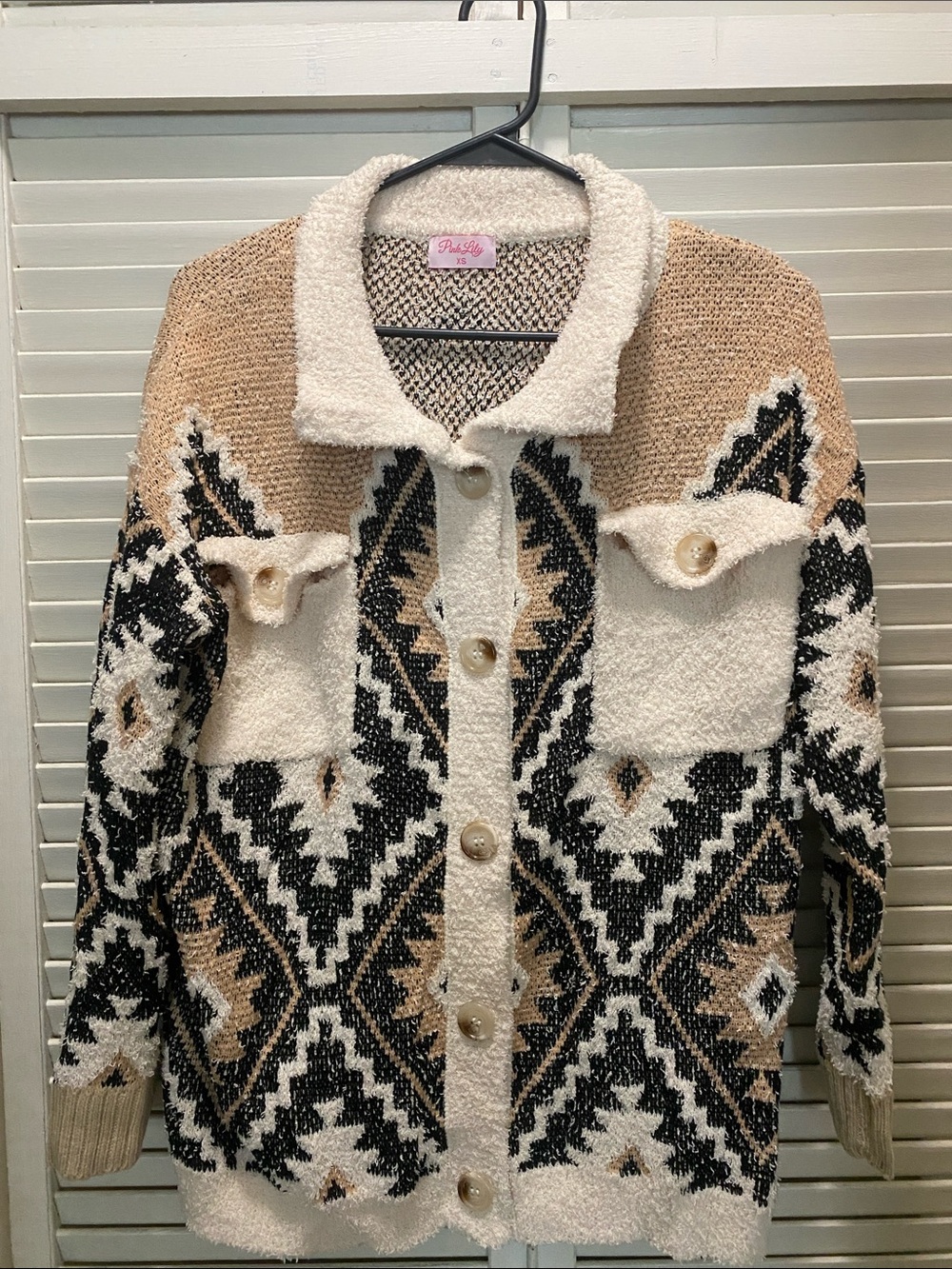 Pink Lily Cozy Aztec Knit Button-Up Sweater Jacket - Cream, Tan & Black